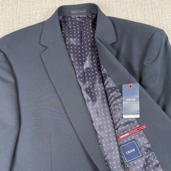 NWT IZOD Men's 46L (44x32) Irvine Navy Blue Stretch Full Suit Jacket Pants *Read